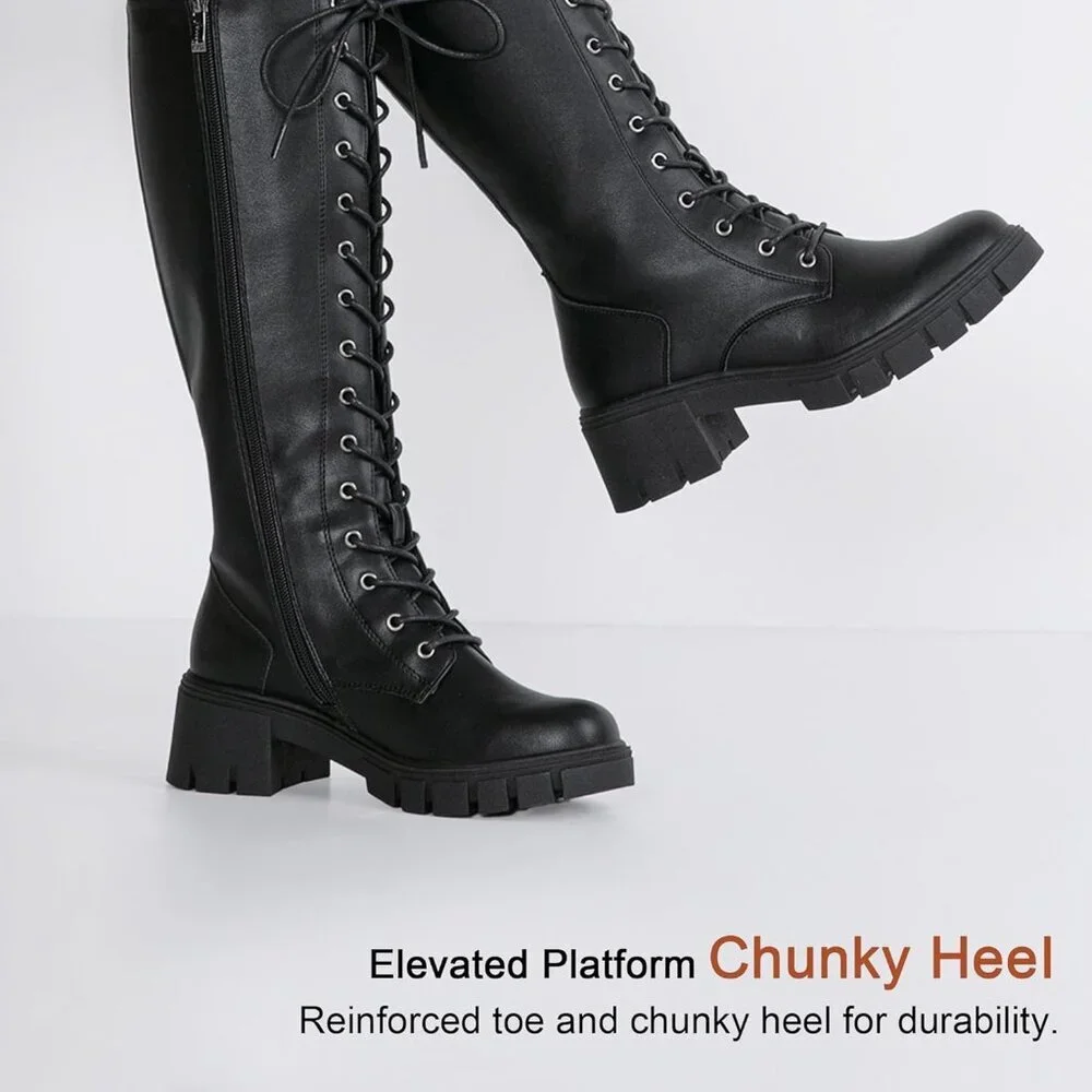 Women's Black Pu 953 Chunky Platform Heel Lace Gothic Knee High Combat Boots